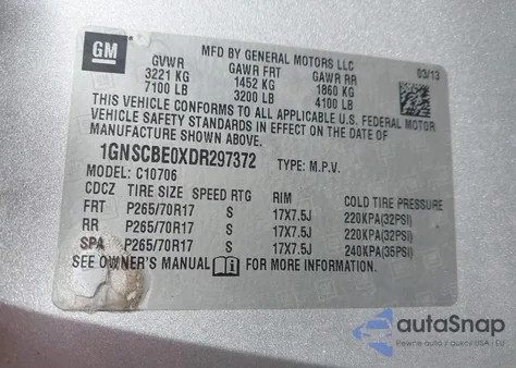 2013 Chevrolet Tahoe Lt из США, поврежденный, VIN 1GNSCBE0XDR297372